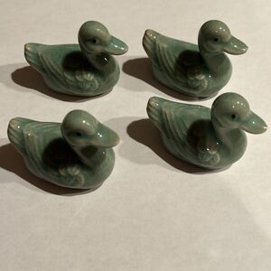 Lot of 4 Korean Wedding Ducks Traditional Celadon Crackle Glaze Ceramic Pottery